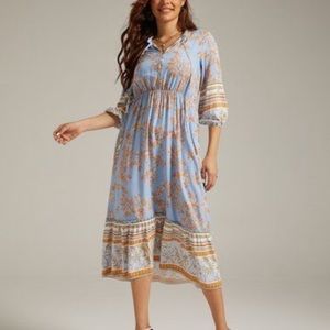 ❤️Denim Blue Leaf Tie-Neck Midi Dress❤️